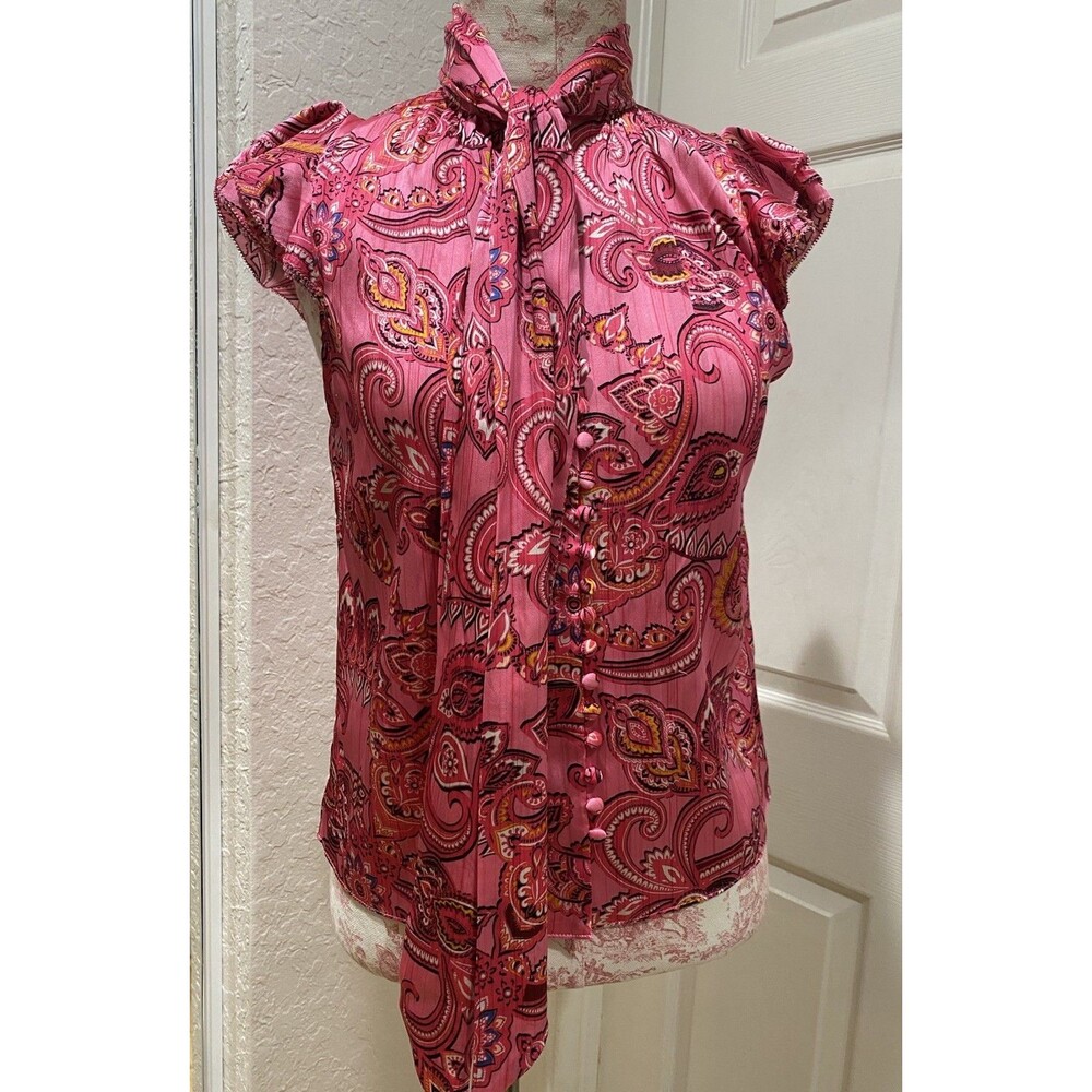 Alice + Olivia Silk Paisley Tie Blouse Sz XS Pink Office Career Preppy Y2K